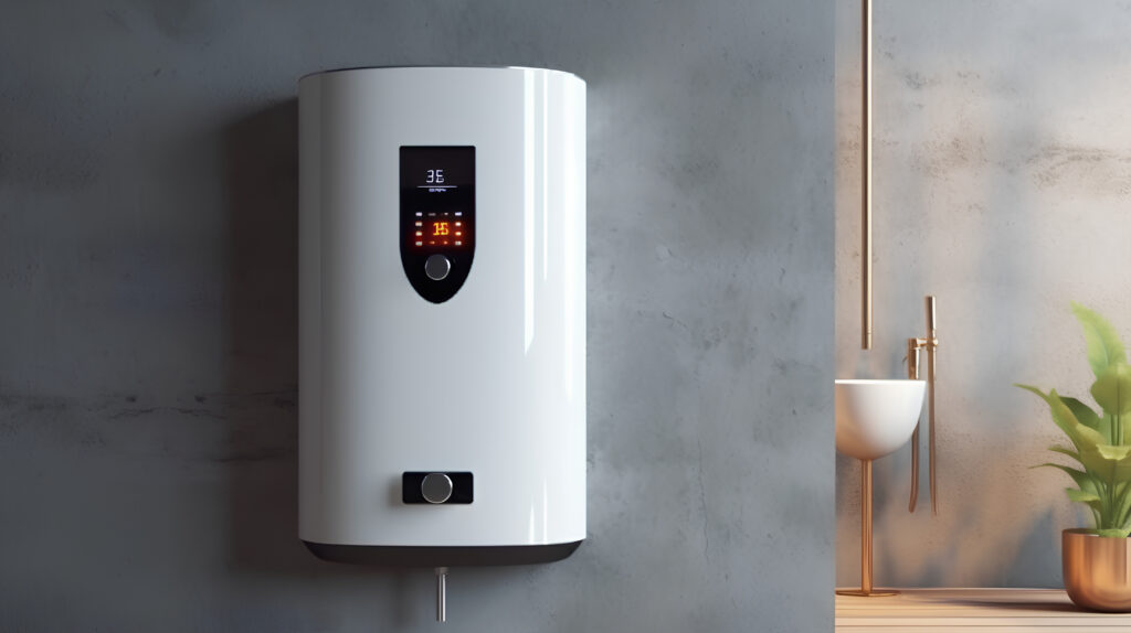 A wall in the bathroom with a gas water heater. Gas combi boiler - heating and hot water supply