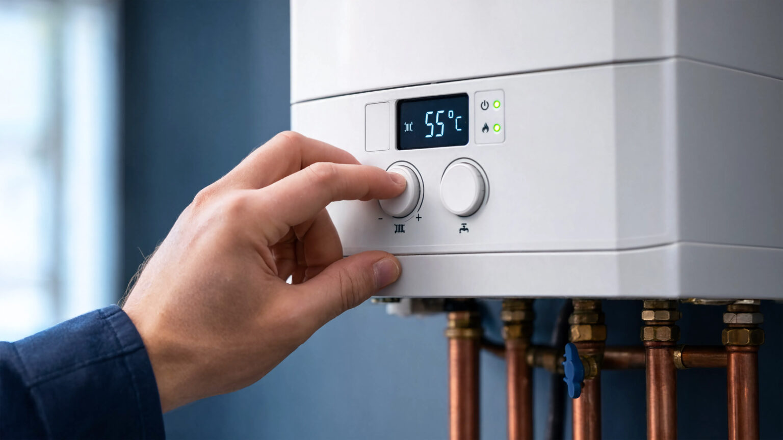 Hand adjusting the temperature knob on a modern home gas boiler as part of heating upgrades.